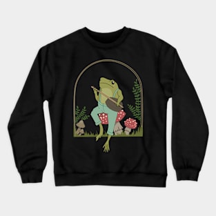 Frog Cottagecore Aesthetic Frog Playing Banjo On Mushroom Crewneck Sweatshirt